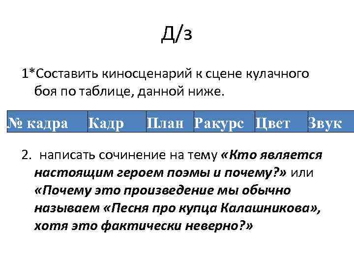 Д/з 1*Составить киносценарий к сцене кулачного боя по таблице, данной ниже. № кадра Кадр