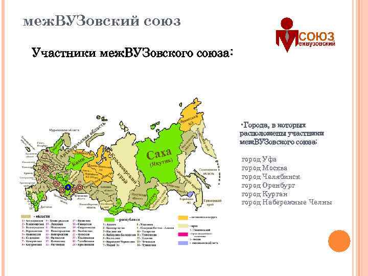 меж. ВУЗовский союз Участники меж. ВУЗовского союза: • Города, в которых расположены участники меж.