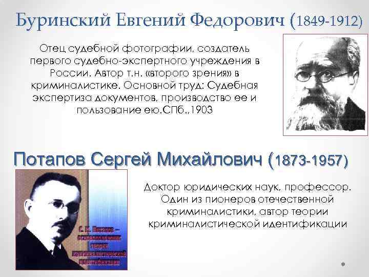Буринский Евгений Федорович (1849 -1912) Отец судебной фотографии, создатель первого судебно-экспертного учреждения в России.