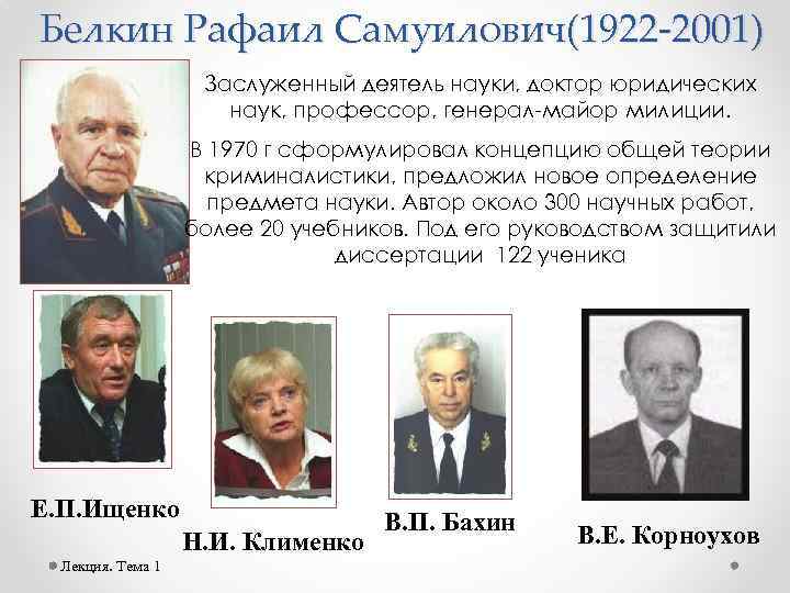 Белкин Рафаил Самуилович(1922 -2001) Заслуженный деятель науки, доктор юридических наук, профессор, генерал-майор милиции. В