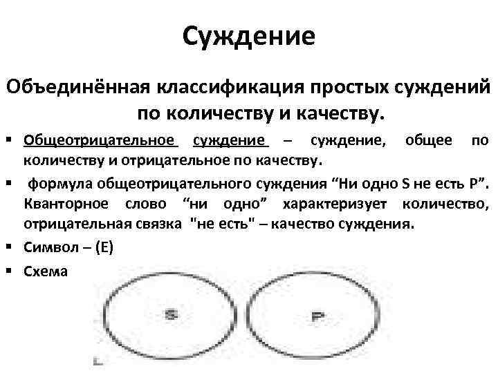 Суждение Объединённая классификация простых суждений по количеству и качеству. § Общеотрицательное суждение – суждение,