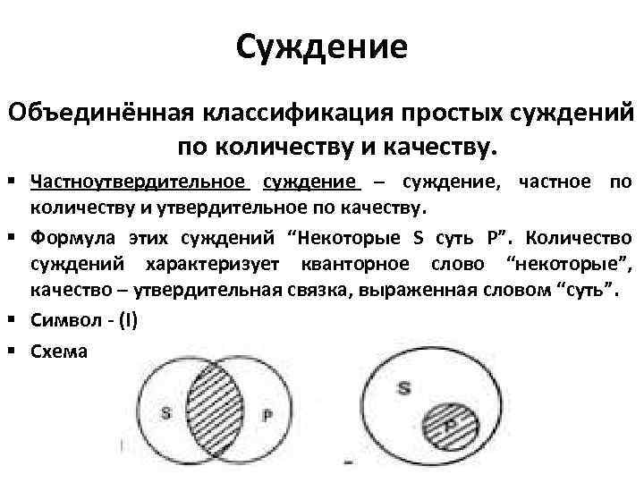 Суждение Объединённая классификация простых суждений по количеству и качеству. § Частноутвердительное суждение – суждение,