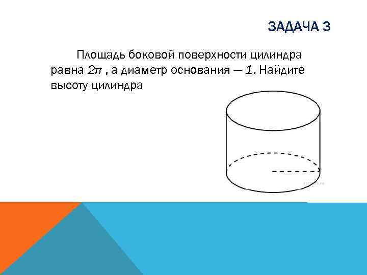ЗАДАЧА 3 Площадь боковой поверхности цилиндра равна 2π , а диаметр основания — 1.