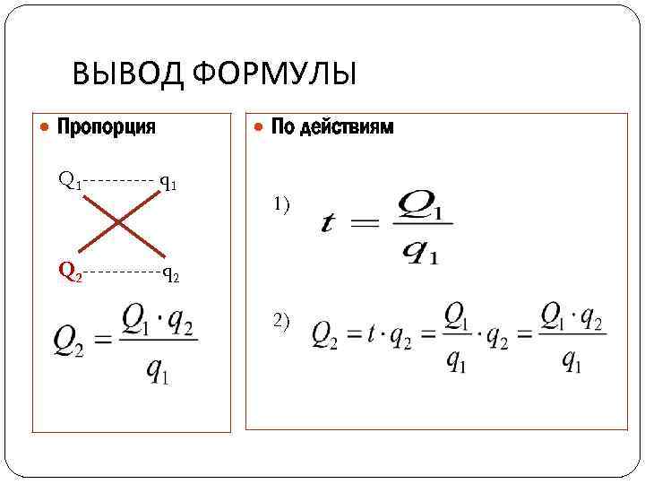 ВЫВОД ФОРМУЛЫ Пропорция Q 1 ----- q 1 По действиям 1) Q 2 ------q