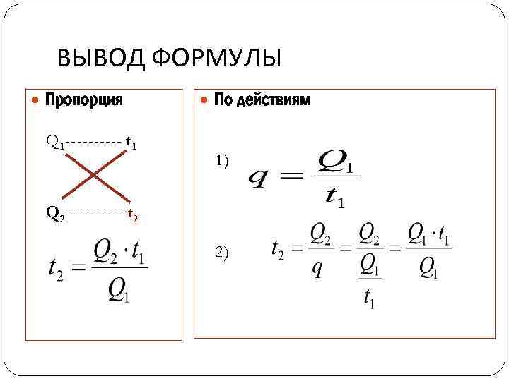 ВЫВОД ФОРМУЛЫ Пропорция Q 1 ----- t 1 По действиям 1) Q 2 ------t