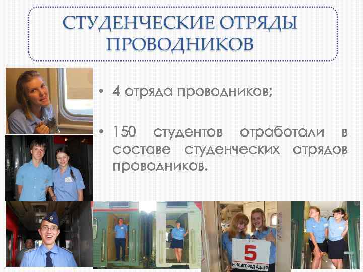  • 4 отряда проводников; • 150 студентов отработали в составе студенческих отрядов проводников.