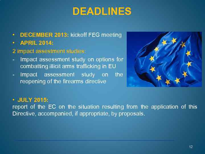 DEADLINES • DECEMBER 2013: kickoff FEG meeting • APRIL 2014: 2 impact assestment studies: