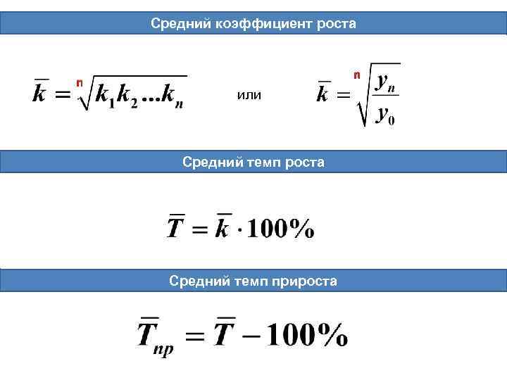 Средний коэффициент роста n n или Средний темп роста Средний темп прироста 