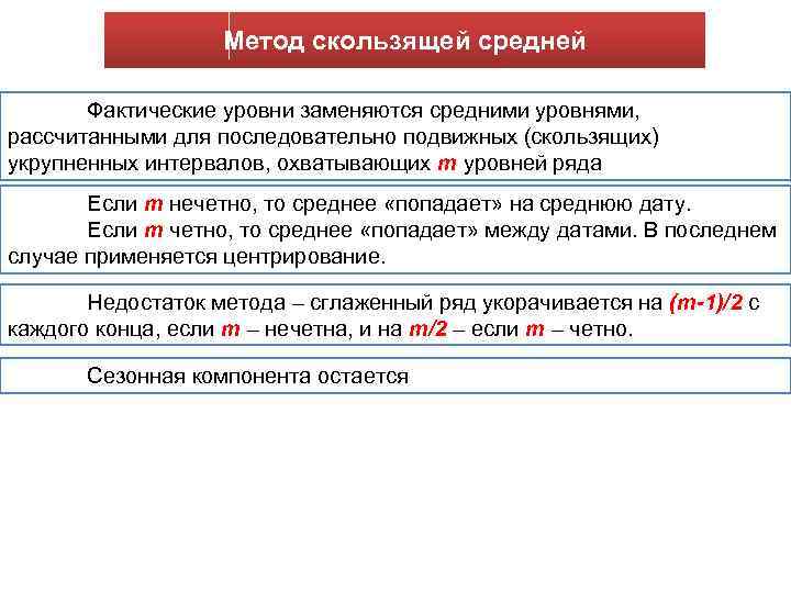 Метод скользящей средней Фактические уровни заменяются средними уровнями, рассчитанными для последовательно подвижных (скользящих) укрупненных