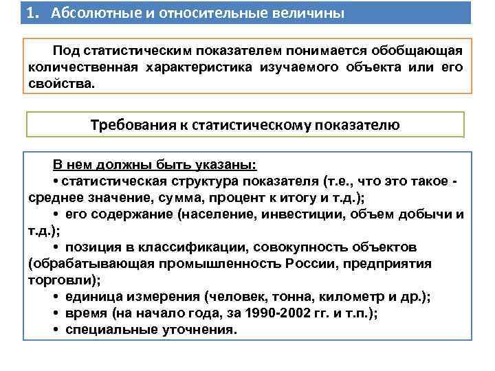 1. Абсолютные и относительные величины Под статистическим показателем понимается обобщающая количественная характеристика изучаемого объекта