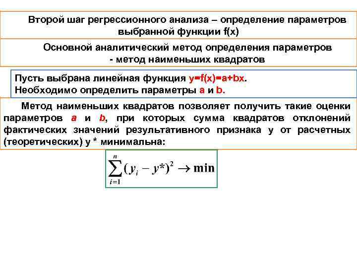 Второй шаг регрессионного анализа – определение параметров выбранной функции f(x) Основной аналитический метод определения