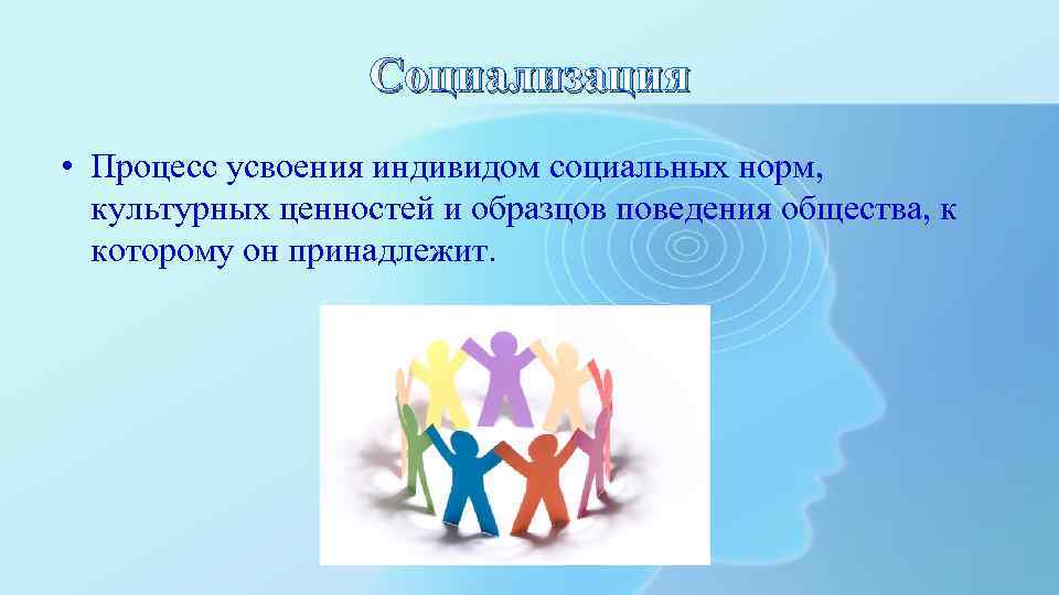 Процесс усвоения индивидом образцов поведения социальных норм и духовных ценностей называют