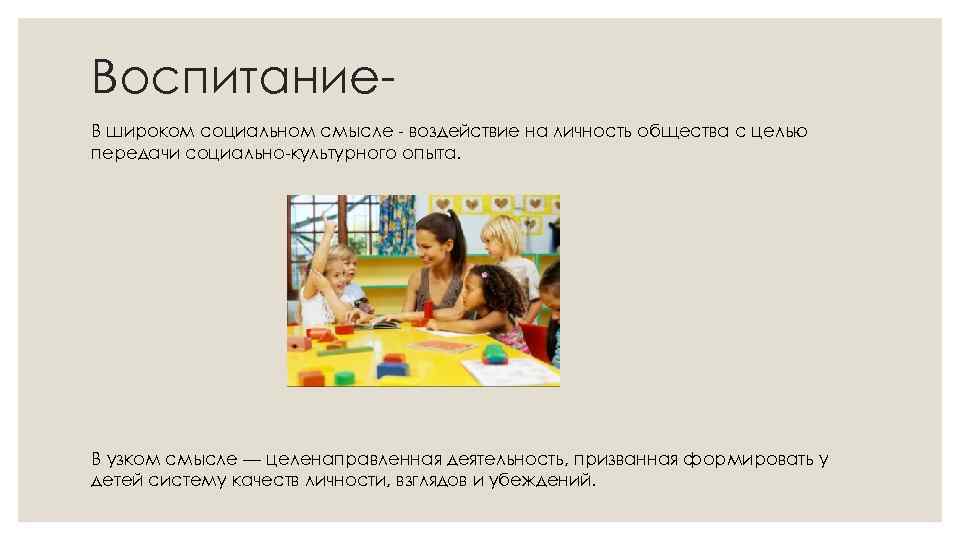 Воспитание. В широком социальном смысле - воздействие на личность общества с целью передачи социально-культурного