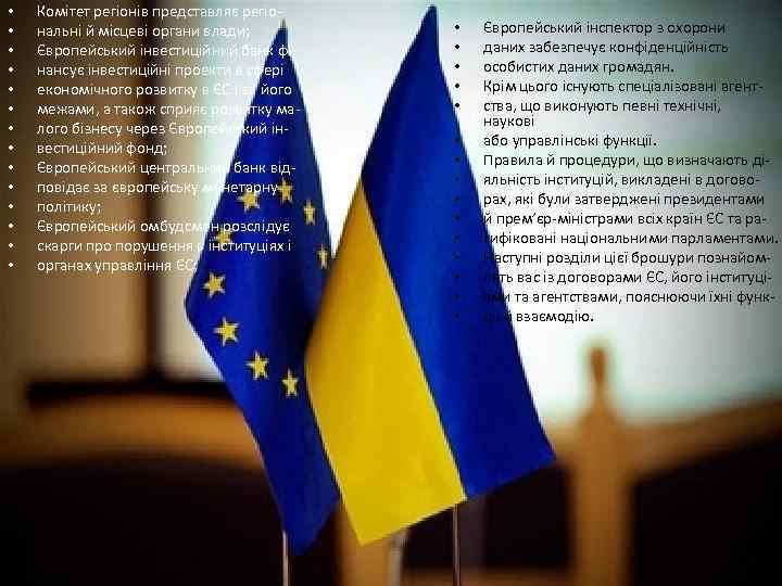  • • • • Комітет регіонів представляє регіональні й місцеві органи влади; Європейський