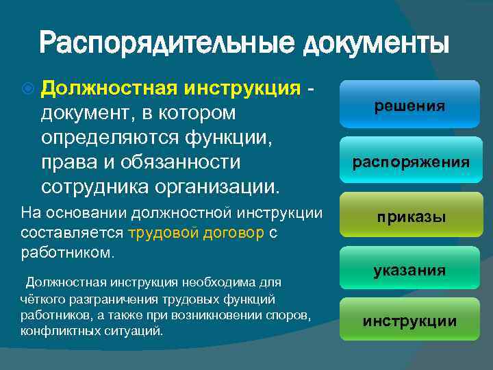 Распорядительные документы Должностная инструкция документ, в котором определяются функции, права и обязанности сотрудника организации.