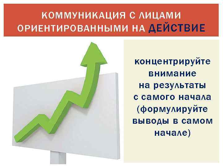 КОММУНИКАЦИЯ С ЛИЦАМИ ОРИЕНТИРОВАННЫМИ НА ДЕЙСТВИЕ концентрируйте внимание на результаты с самого начала (формулируйте