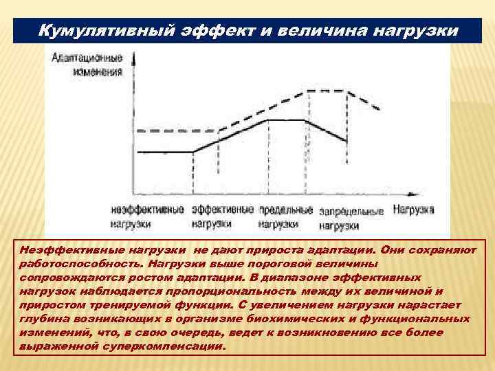 Кумулятивный эффект и величина нагрузки Неэффективные нагрузки не дают прироста адаптации. Они сохраняют работоспособность.