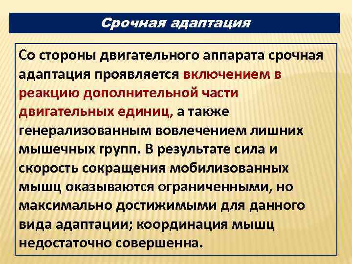 Срочная адаптация Со стороны двигательного аппарата срочная адаптация проявляется включением в реакцию дополнительной части