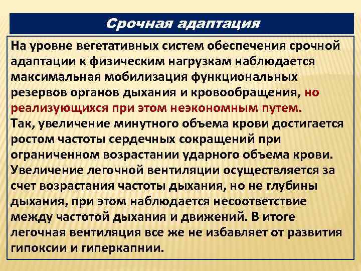 Срочная адаптация На уровне вегетативных систем обеспечения срочной адаптации к физическим нагрузкам наблюдается максимальная
