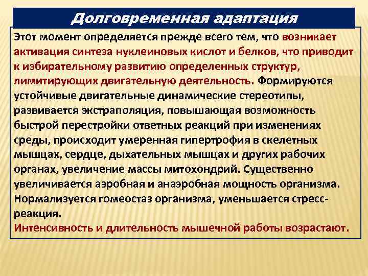 Долговременная адаптация Этот момент определяется прежде всего тем, что возникает активация синтеза нуклеиновых кислот