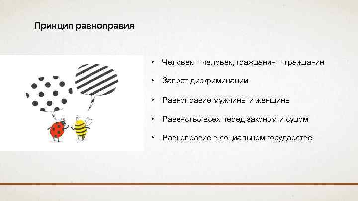 Принцип равноправия • Человек = человек, гражданин = гражданин • Запрет дискриминации • Равноправие