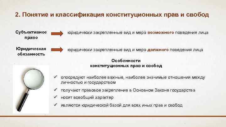 2. Понятие и классификация конституционных прав и свобод Субъективное право юридически закрепленные вид и