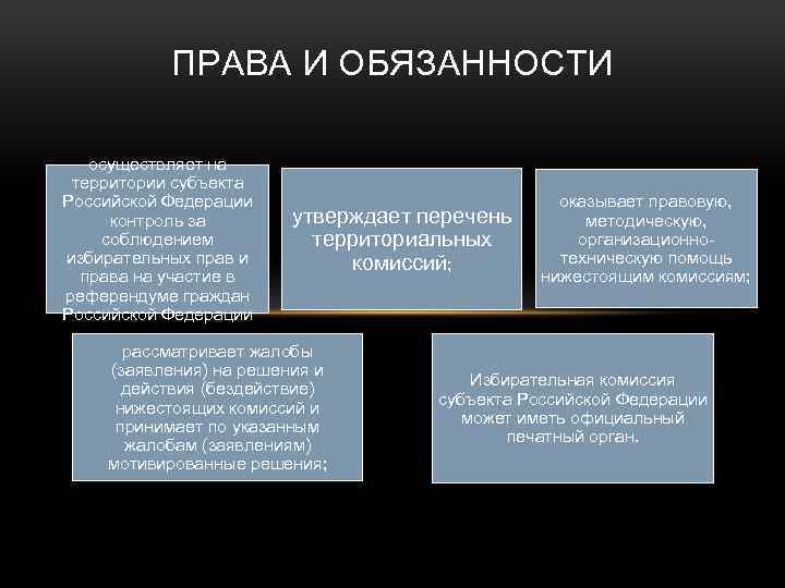 ПРАВА И ОБЯЗАННОСТИ осуществляет на территории субъекта Российской Федерации контроль за соблюдением избирательных прав