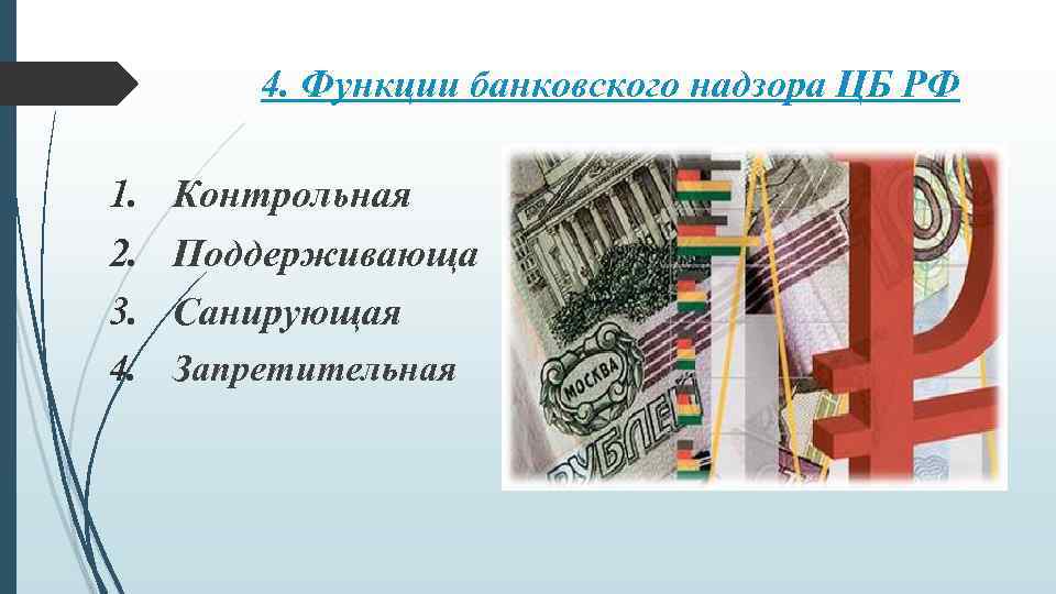 4. Функции банковского надзора ЦБ РФ 1. Контрольная 2. Поддерживающа 3. Санирующая 4. Запретительная