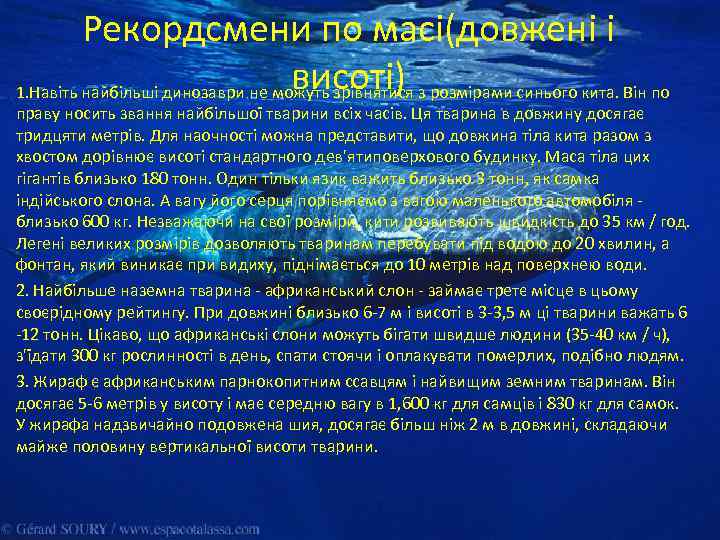 Рекордсмени по масі(довжені і висоті) 1. Навіть найбільші динозаври не можуть зрівнятися з розмірами