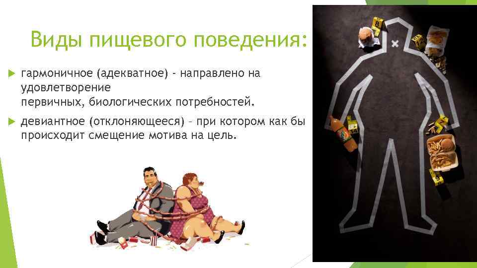 Виды пищевого поведения: гармоничное (адекватное) - направлено на удовлетворение первичных, биологических потребностей. девиантное (отклоняющееся)