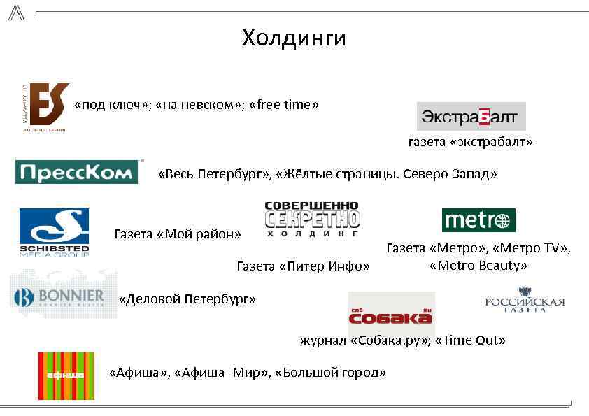 Холдинги «под ключ» ; «на невском» ; «free time» газета «экстрабалт» «Весь Петербург» ,