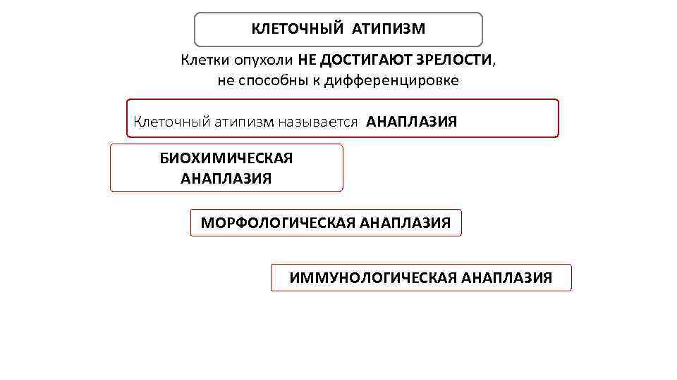 КЛЕТОЧНЫЙ АТИПИЗМ Клетки опухоли НЕ ДОСТИГАЮТ ЗРЕЛОСТИ, не способны к дифференцировке Клеточный атипизм называется