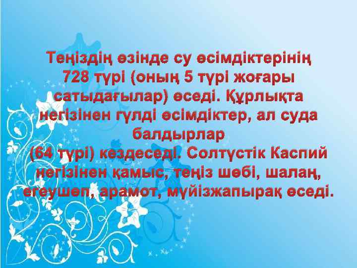 Теңіздің өзінде су өсімдіктерінің 728 түрі (оның 5 түрі жоғары сатыдағылар) өседі. Құрлықта негізінен