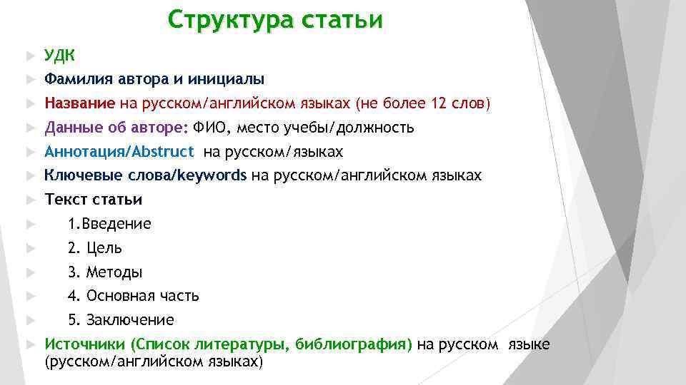 Структура статьи УДК Фамилия автора и инициалы Название на русском/английском языках (не более 12