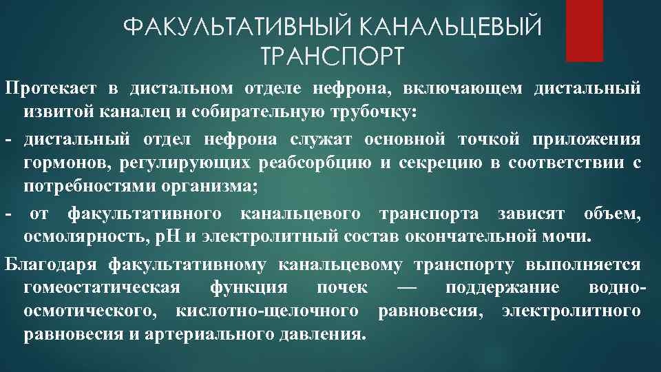 ФАКУЛЬТАТИВНЫЙ КАНАЛЬЦЕВЫЙ ТРАНСПОРТ Протекает в дистальном отделе нефрона, включающем дистальный извитой каналец и собирательную