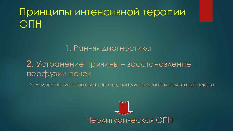 Принципы интенсивной терапии ОПН 1. Ранняя диагностика 2. Устранение причины – восстановление перфузии почек