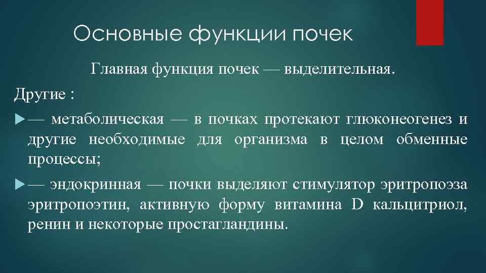 Основные функции почек Главная функция почек — выделительная. Другие : — метаболическая — в