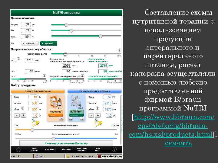 Составление схемы нутритивной терапии с использованием продукции энтерального и парентерального питания, расчет калоража осуществляли