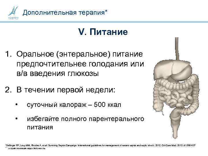 Дополнительная терапия* V. Питание 1. Оральное (энтеральное) питание предпочтительнее голодания или в/в введения глюкозы