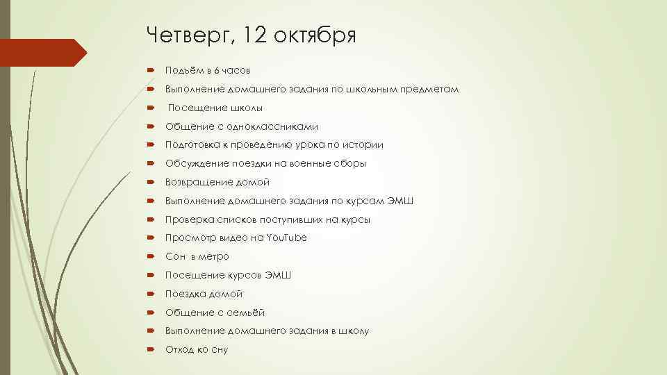 Четверг, 12 октября Подъём в 6 часов Выполнение домашнего задания по школьным предметам Посещение