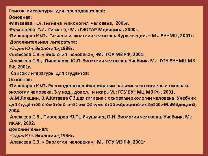 Список литературы для преподавателей: Основная: -Матвеева Н. А. Гигиена и экология человека, 2005 г.