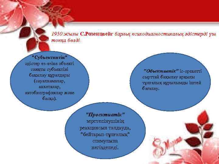 1950 жылы С. Розенцвейг барльқ психодиагностикалық әдістерді үш топқа бөлді : "Субъективтік" әдістер өз-өзіне