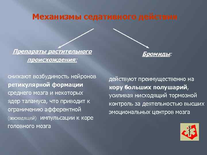 Механизмы седативного действия Препараты растительного происхождения: Бромиды: снижают возбудимость нейронов ретикулярной формации среднего мозга