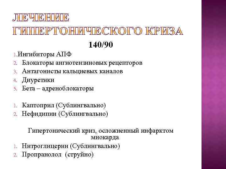 140/90 1. Ингибиторы 2. 3. 4. 5. 1. 2. АПФ Блокаторы ангиотензиновых рецепторов Антагонисты