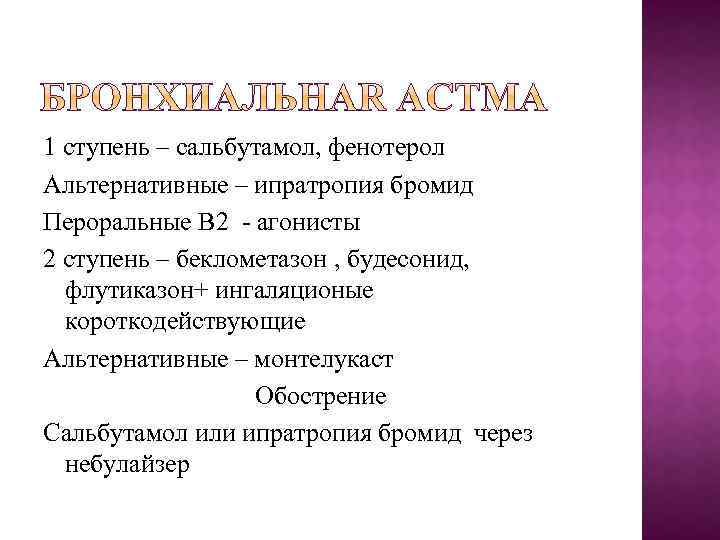 1 ступень – сальбутамол, фенотерол Альтернативные – ипратропия бромид Пероральные В 2 - агонисты