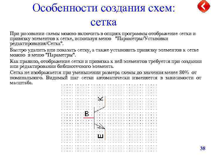 Особенности создания схем: сетка При рисовании схемы можно включить в опциях программы отображение сетки