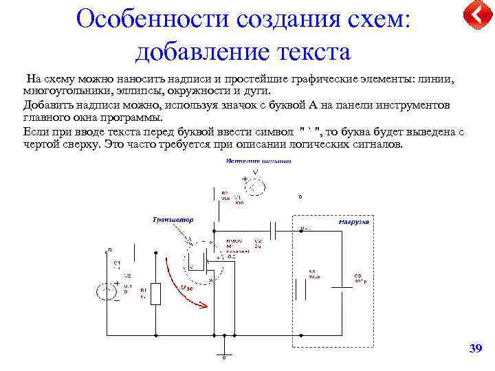 Особенности создания схем: добавление текста На схему можно наносить надписи и простейшие графические элементы: