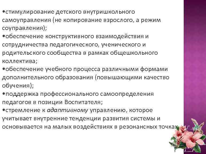  • стимулирование детского внутришкольного самоуправления (не копирование взрослого, а режим соуправления); • обеспечение