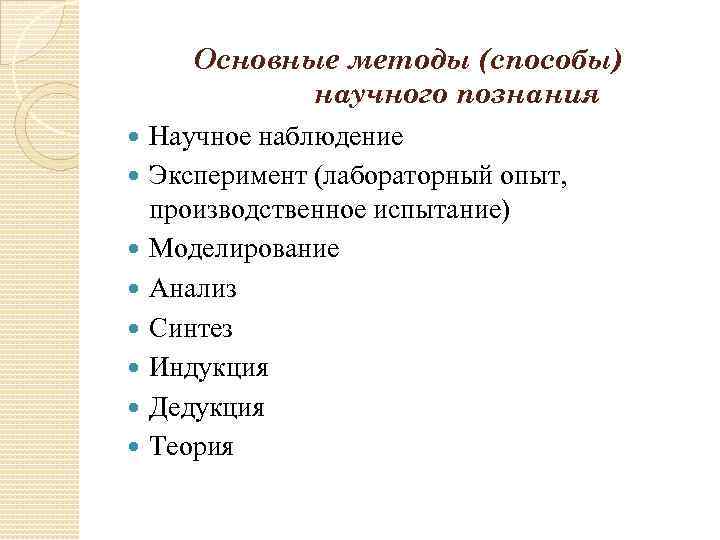  Основные методы (способы) научного познания Научное наблюдение Эксперимент (лабораторный опыт, производственное испытание) Моделирование