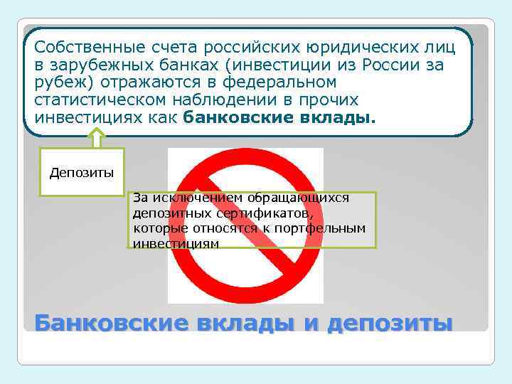 Собственные счета российских юридических лиц в зарубежных банках (инвестиции из России за рубеж) отражаются